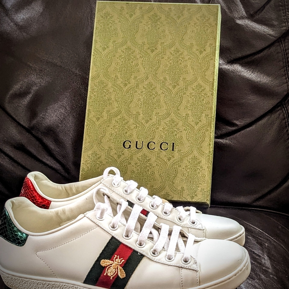 Gucci White Sneakers with Red and Green Accents